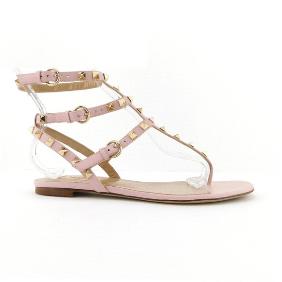 VALENTINO Rockstud Blush Pink Nude Leather Caged T-strap Thong Sandals 38 - Picture 3 of 9